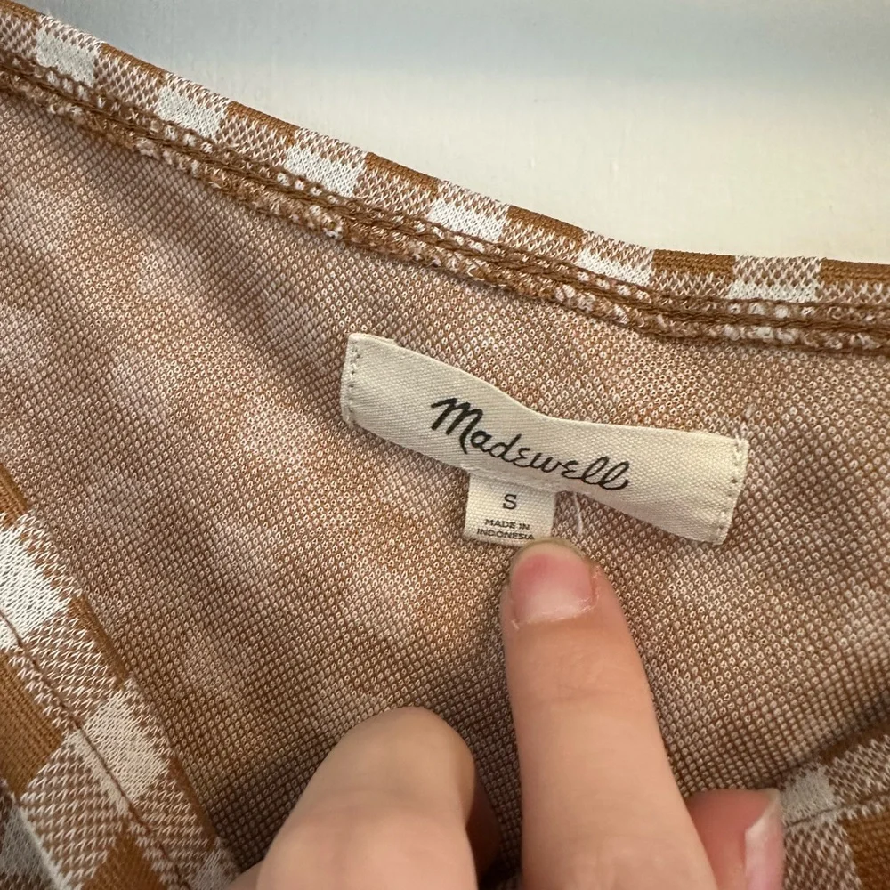 Madewell Cream and Brown Gingham Square-Neck Blouse
